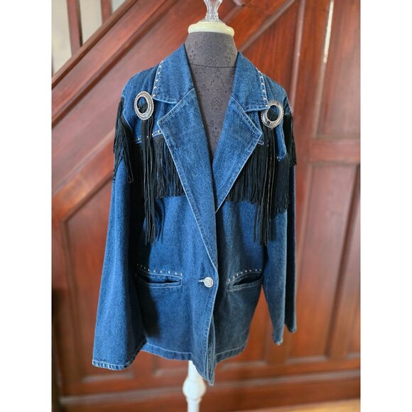 Next Move Jackets & Blazers - Vintage Next Move Western Denim Jacket With Fringe & Studs 90s